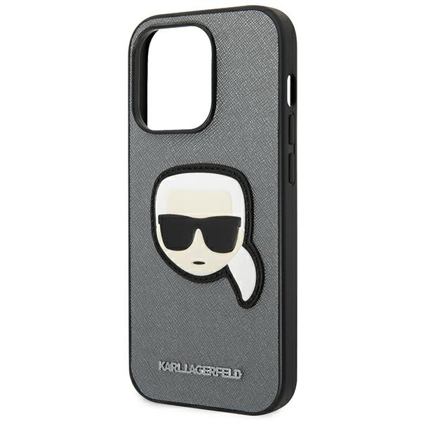 Case Karl Lagerfeld iPhone 14 Pro Max 6.7" silver/silver hardcase Saffiano Karl`s Head Patch